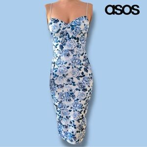 ASOS Bodycon Dress Blue Floral Spaghetti Strap Scuba Material Midi | Sz 12